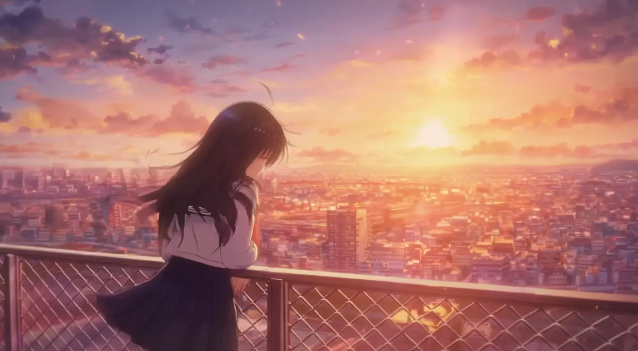 FLUX 3 image: anime-style schoolgirl on a rooftop overlooking a city at sunset