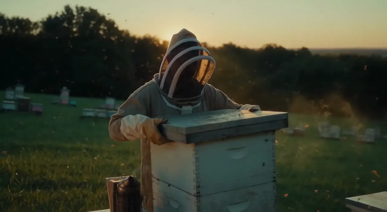 FLUX 3 image: a beekeeper in a protective suit opening a hive at golden hour