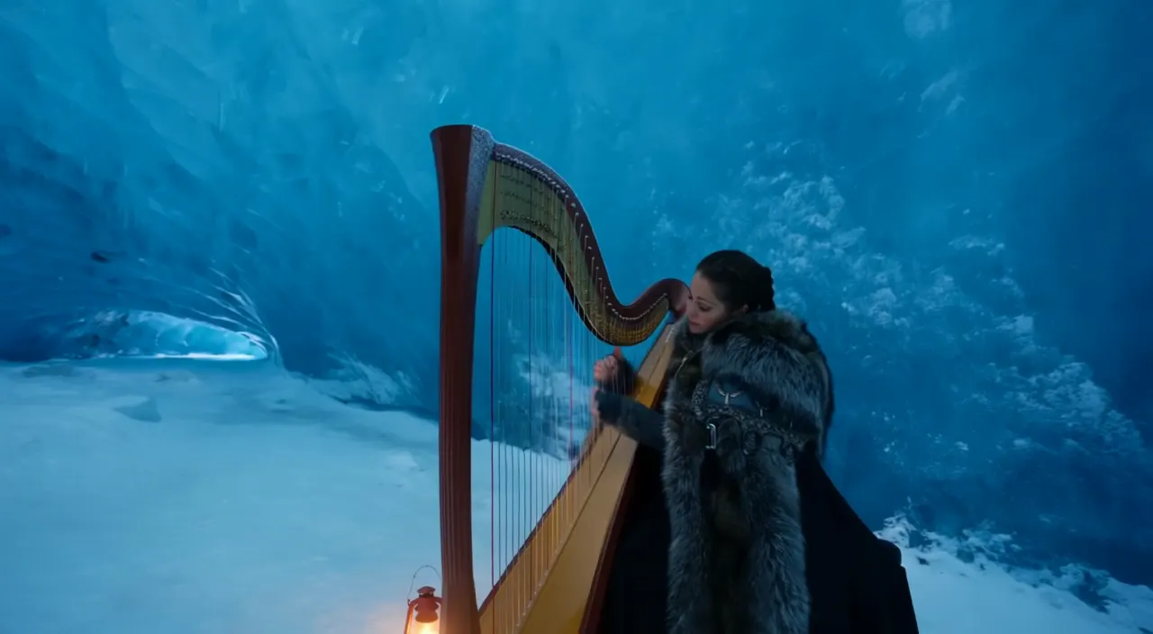 FLUX 3 image: a harpist performing inside a glowing blue ice cave