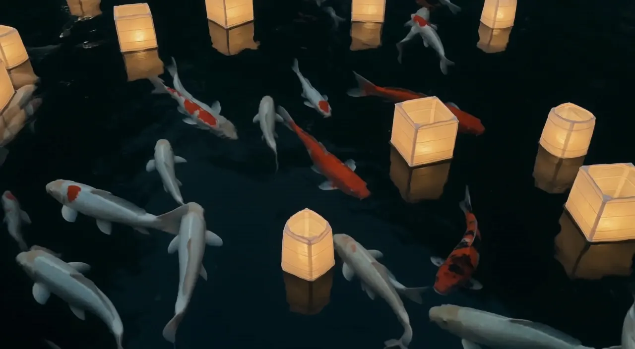 FLUX 3 image: Koi drifting between floating paper lanterns at night, full-quality render