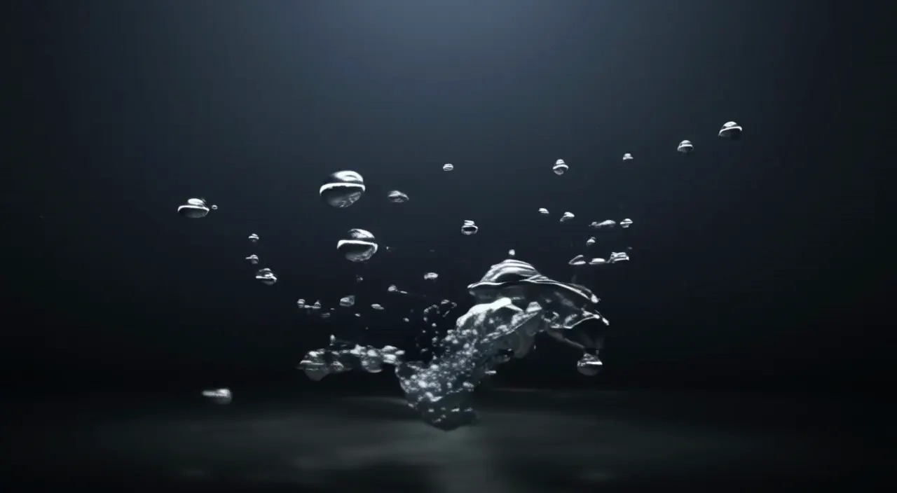 FLUX 3 image: liquid droplets forming a logo reveal on black