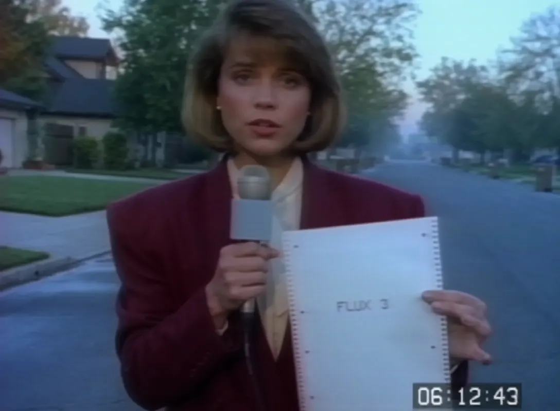 FLUX 3 image: 1990s TV news reporter on a suburban street holding a FLUX 3 notepad