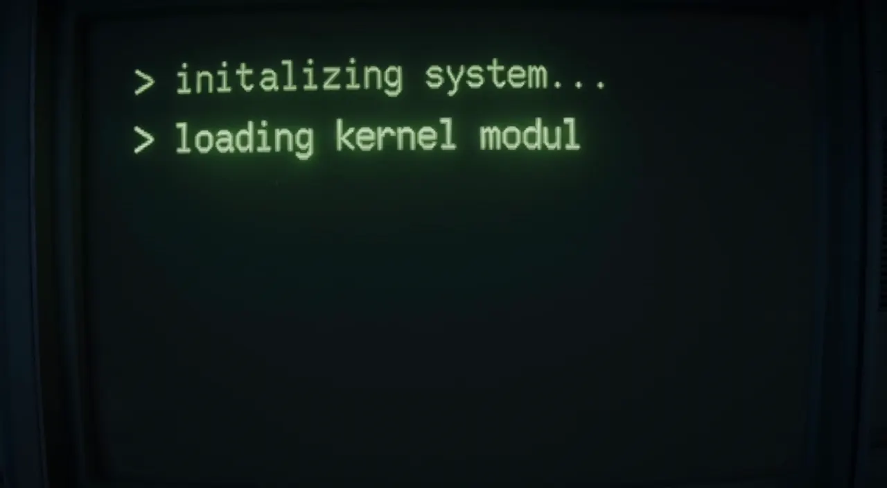 FLUX 3 image: retro CRT terminal booting with green monospace text