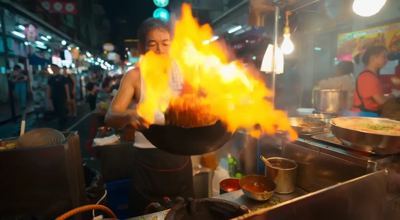 FLUX 3 image: street-food chef flame-cooking in a wok at a night market