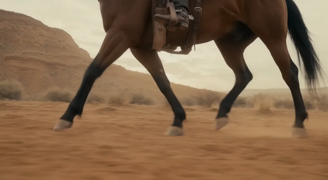 FLUX 3 image: cinematic western shot of a saddled horse galloping through the desert