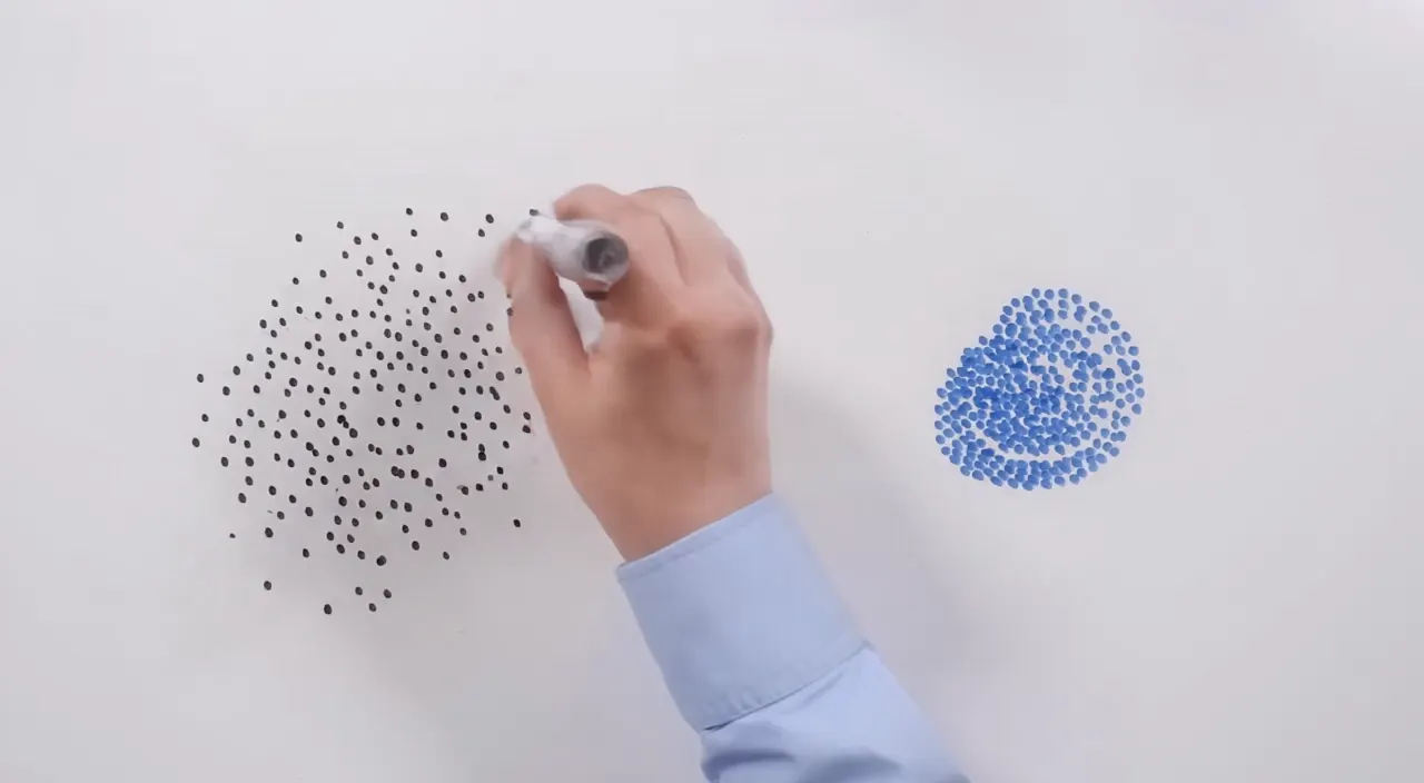 FLUX 3 image: whiteboard explainer animation of a hand drawing dot clusters with a marker
