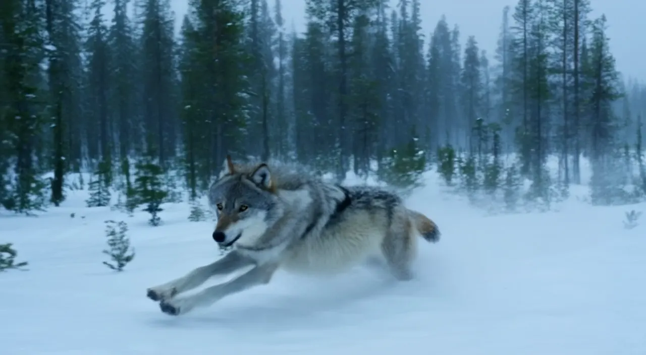 FLUX 3 image: a wolf running through a snowy forest